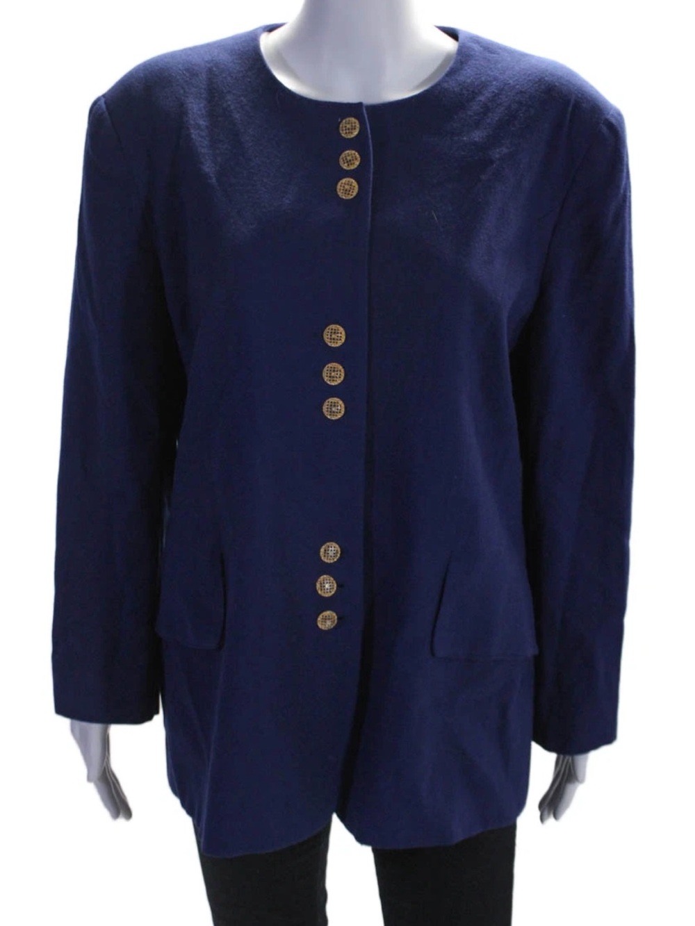 Oleg Cassini Navy Round-Neck Jacket with Gold Buttons